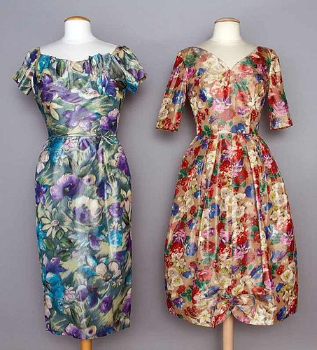 TWO PRINTED SILK PARTY DRESSES, LATE 1950s