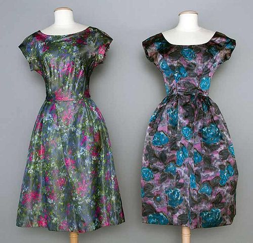 TWO PRINTED SILK PARTY DRESSES, LATE 1950s