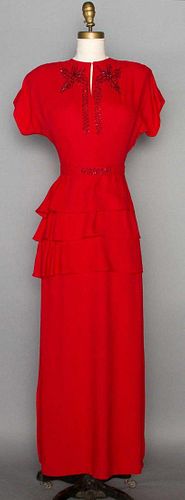 BEADED RED EVENING DRESS, 1940s