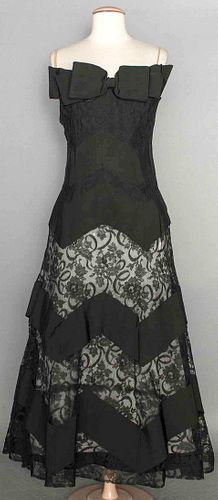 BLACK SILK & LACE EVENING GOWN, c. 1950
