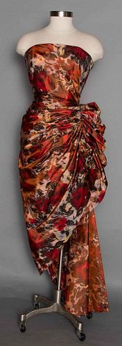 CHINE PRINT EVENING GOWN, 1950s