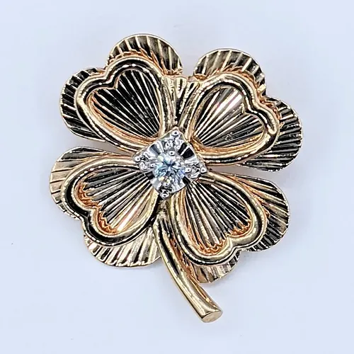 Lucky Diamond & 14K Gold Four Leaf Clover Brooch / Pin