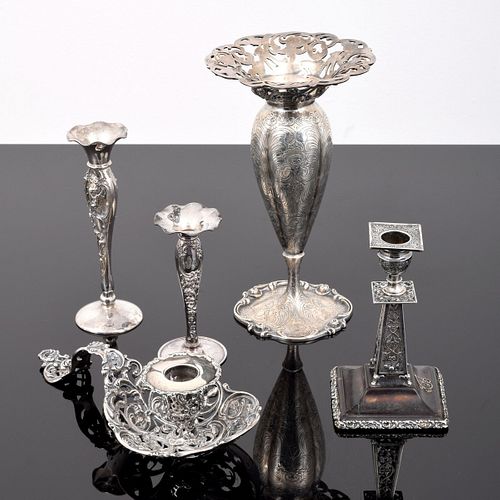 3 Sterling Silver Bud Vases & 2 Candle Holders