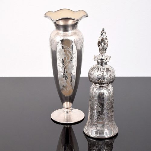 Art Nouveau Style Silver Overlay Vase & Decanter
