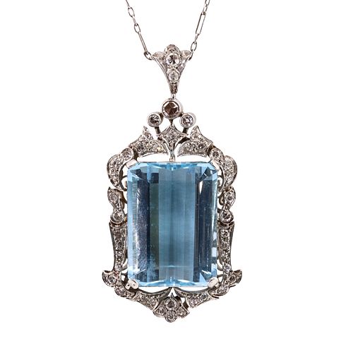 24.76ctw Aquamarine & Diamonds Platinum Art Deco Pendant