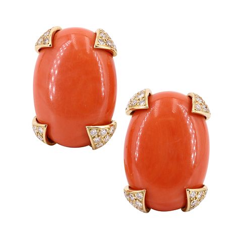 French Massive corals & Diamonds Earrings in 18k Gold