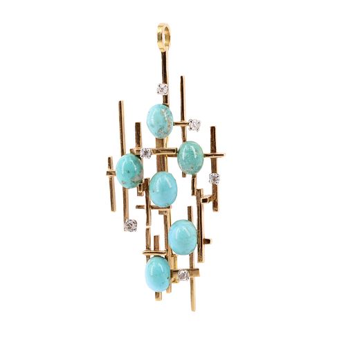 Diamonds, Turquoises & 18k Gold French Pendant / Brooch