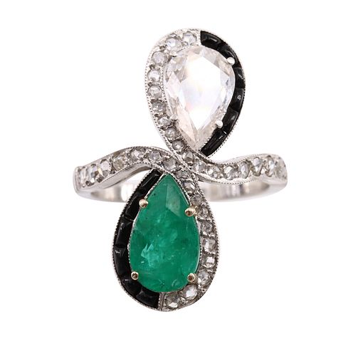 Diamonds, Emerald, Onyx & Platinum Ring