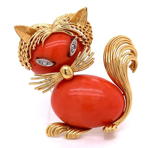 Corals & 18k yellow gold Cat Brooch