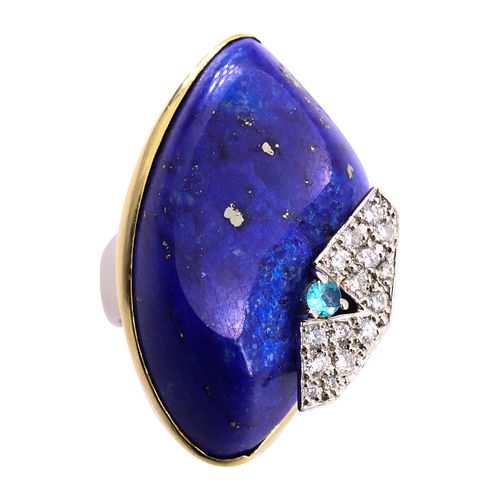 Lapis-lazuli, Diamonds, Zircon &18k Gold Ring