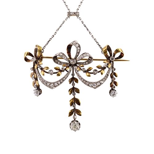Victorian 18k & Platinum Necklace / Brooch With Diamonds