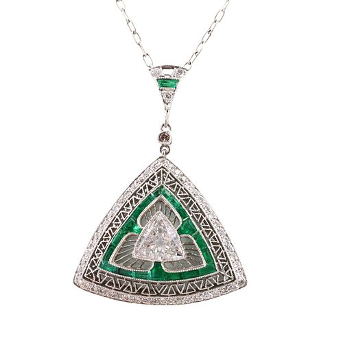 Art Deco Necklace Pendant with Diamonds and Emeralds