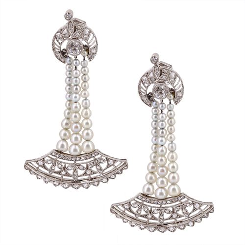 Art Deco Platinum Dangling Earrings With Diamonds & Pearls