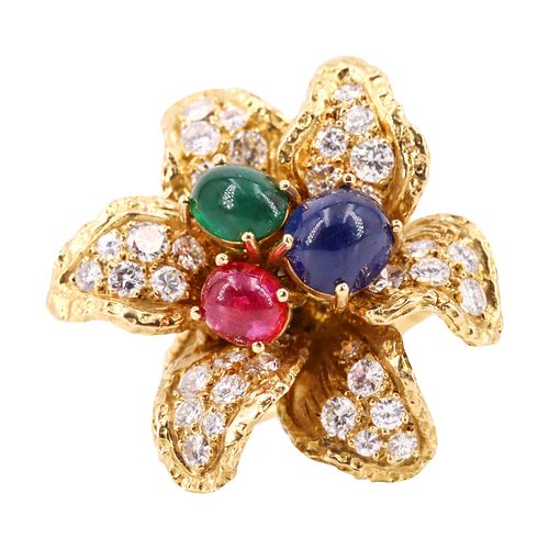 Diamonds, Gemstones & 18k Yellow Gold Flower Ring