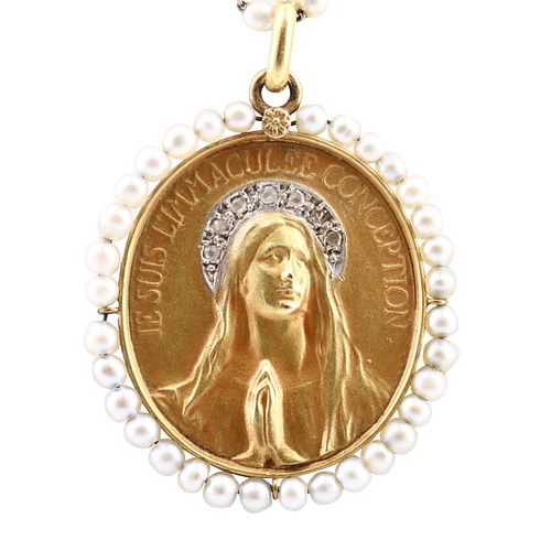 Antique Religious Medal Necklace in 18k gold and Platinum