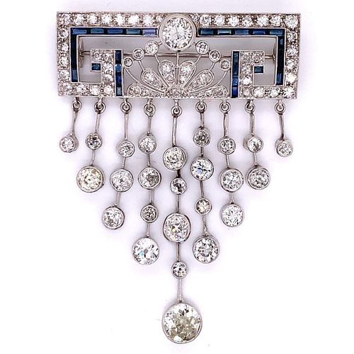 8.85 Ctw Diamonds & Sapphires Art Deco Platinum Brooch
