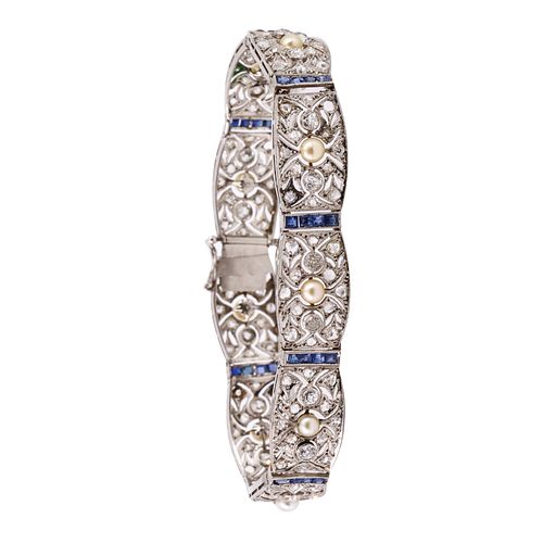 Art Deco Diamonds, sapphires & Pearls Platinum Bracelet
