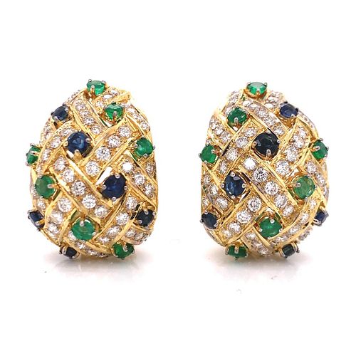 Diamonds, Emeralds & Sapphires 18k Gold Earrings