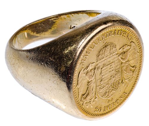 Hungary 1894 20 Korona Gold Coin in 14k Gold Ring Setting
