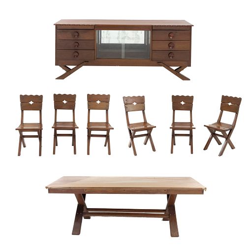 Comedor. SXX. Elaborado en madera. Consta de: Mesa. Cubierta rectangular y 6 sillas. Trinchador. Piezas: 8