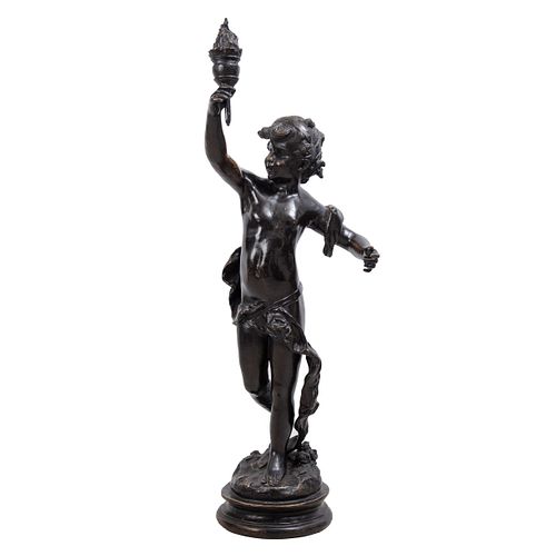 DESPUÉS DE AUGUSTE LOUIS MATHURIN MOREAU. Niño con antorcha. Firmada. Escultura en bronce. 94 cm de altura.