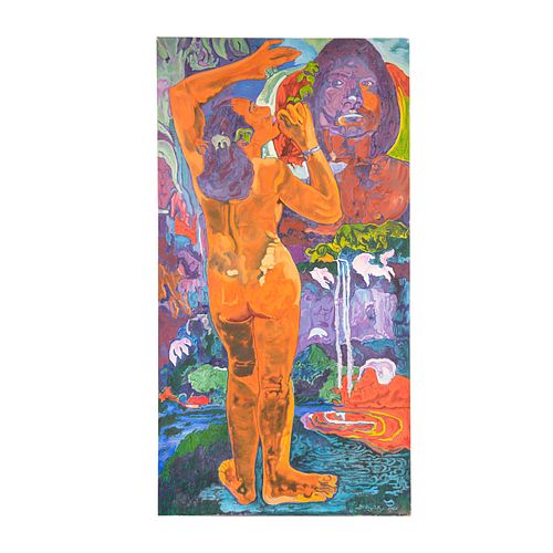 B. ARGÜELLES. Reproducción de "La luna y la tierra" de Paul Gauguin. Firmado y fechado 60. Acrílico sobre tela.