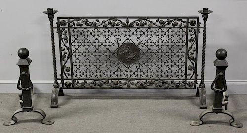 Quality Wrought Iron Fire Screen, Andirons and