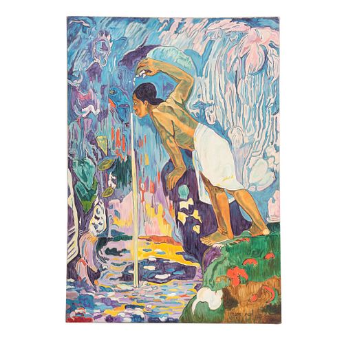 B. ARGÜELLES Reproducción de "Agua misteriosa" de Paul Gauguin Firmado y fechado 1964 Acrílico sobre tela .... cm Sin enma...