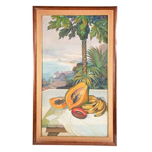 SANTOS. Bodegón con papaya. Firmado. Óleo sobre tela. 114 x 62 cm. Enmarcado.