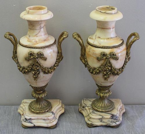 Pair of 19th C. Bronze Mounted Marble Urns.