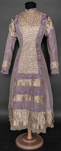 GIRL'S PURPLE STRIPE BUSTLE DRESS, 1870s