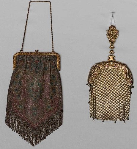 1 STERLING MESH & 1 BEADED PURSE, 1890s