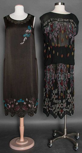 TWO MULTI-COLOR BEADED DRESSES, 1920s