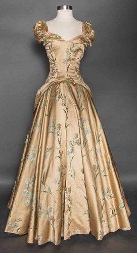 GOLD BROCADE EVENING GOWN, 1940s