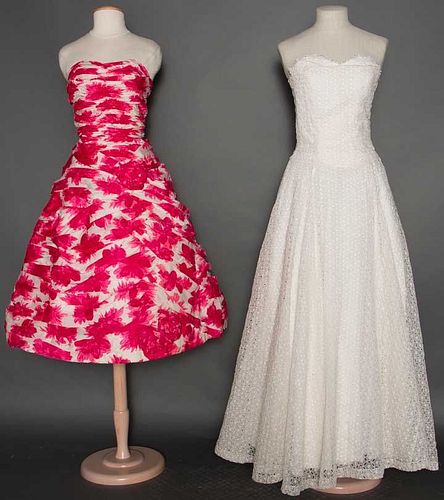 TWO STRAPLESS PARTY DRESSES, 1955-1960