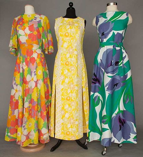 THREE COTTON PRINT HOSTESS DRESSES, 1960-1970s