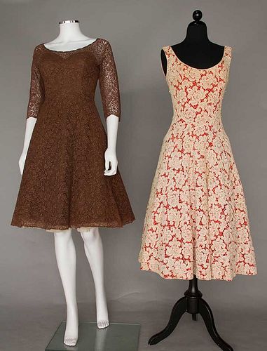 TWO DESIGNERS' LACE PARTY DRESSES, MID 1950s
