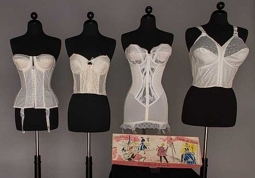 FOUR WHITE MERRY WIDOW CORSETS, 1960s