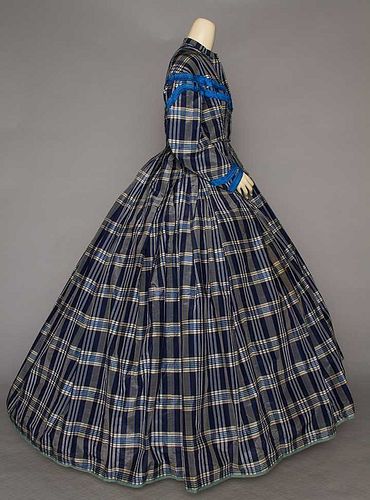 PLAID TAFFETA DAY DRESS, EARLY 1860s