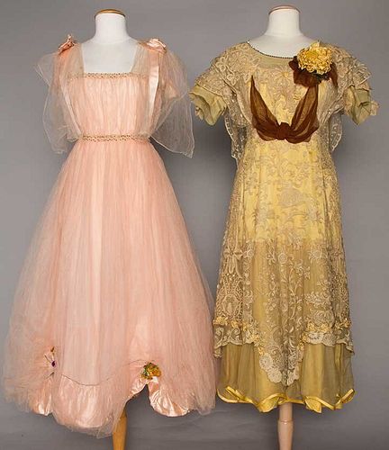 TWO PASTEL SILK PARTY DRESSES, 1914-1916