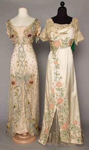 TWO FLORAL EMBROIDERED TRAINED GOWNS, c. 1912