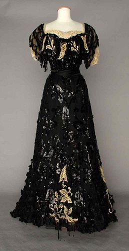 BLACK SEQUINNED & LACE BALL GOWN, c. 1905