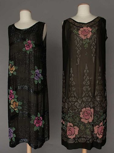 TWO DECO ROSE BEADED DRESSES, 1920s