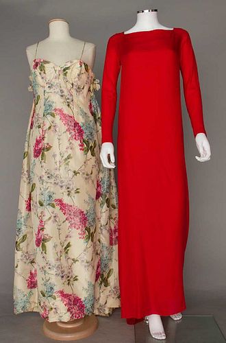 ONE RED & ONE PRINTED EVENING GOWN, 1950s & 1970s