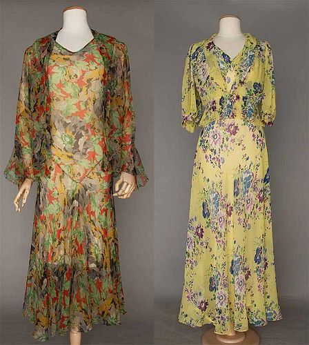TWO CHIFFON PRINT DRESS & JACKET SETS, 1930s