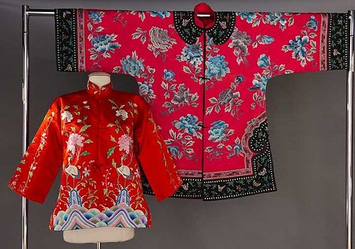 TWO EMBROIDERED RED SATIN JACKETS, CHINA