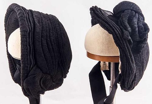 TWO CREPE MOURNING BONNETS, 19TH C