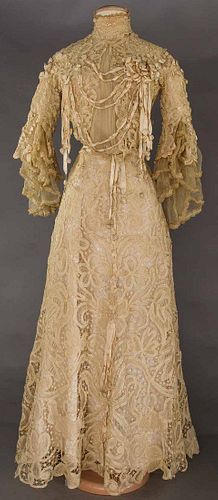 CREAM BATTENBURG LACE DRESS, c. 1905