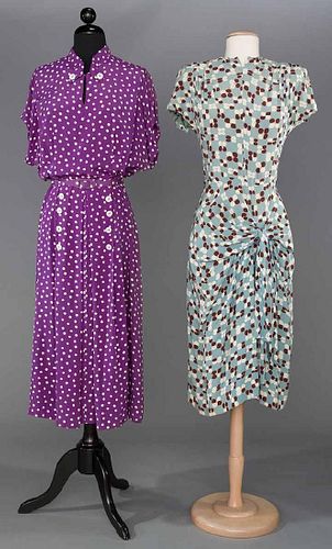 2 PRINTED SILK DAY DRESSES, 1940s
