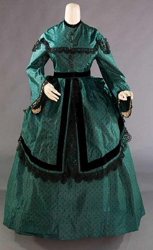 GREEN SILK POLONAISE DRESS, 1868-1870